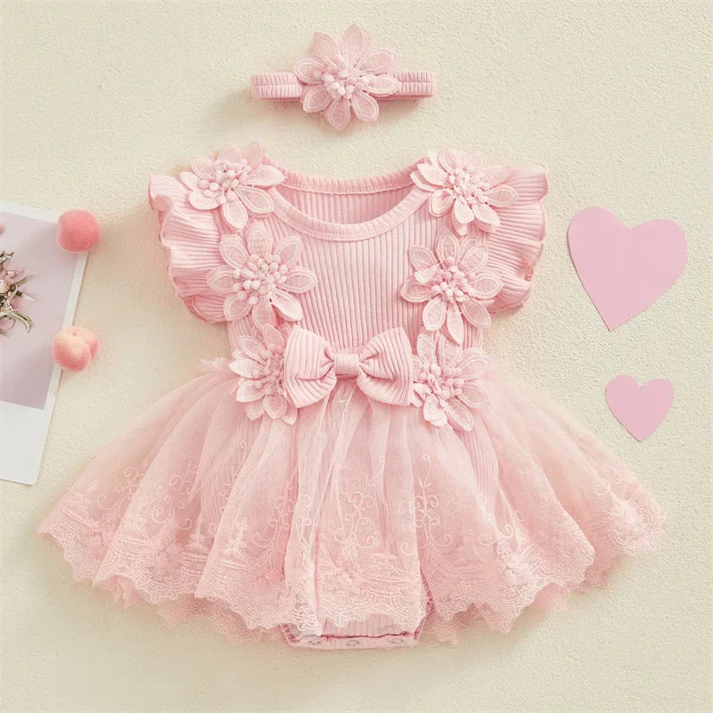 3D Flower Baby Girl Romper with Headband - Summer Bodysuit - MamaNest