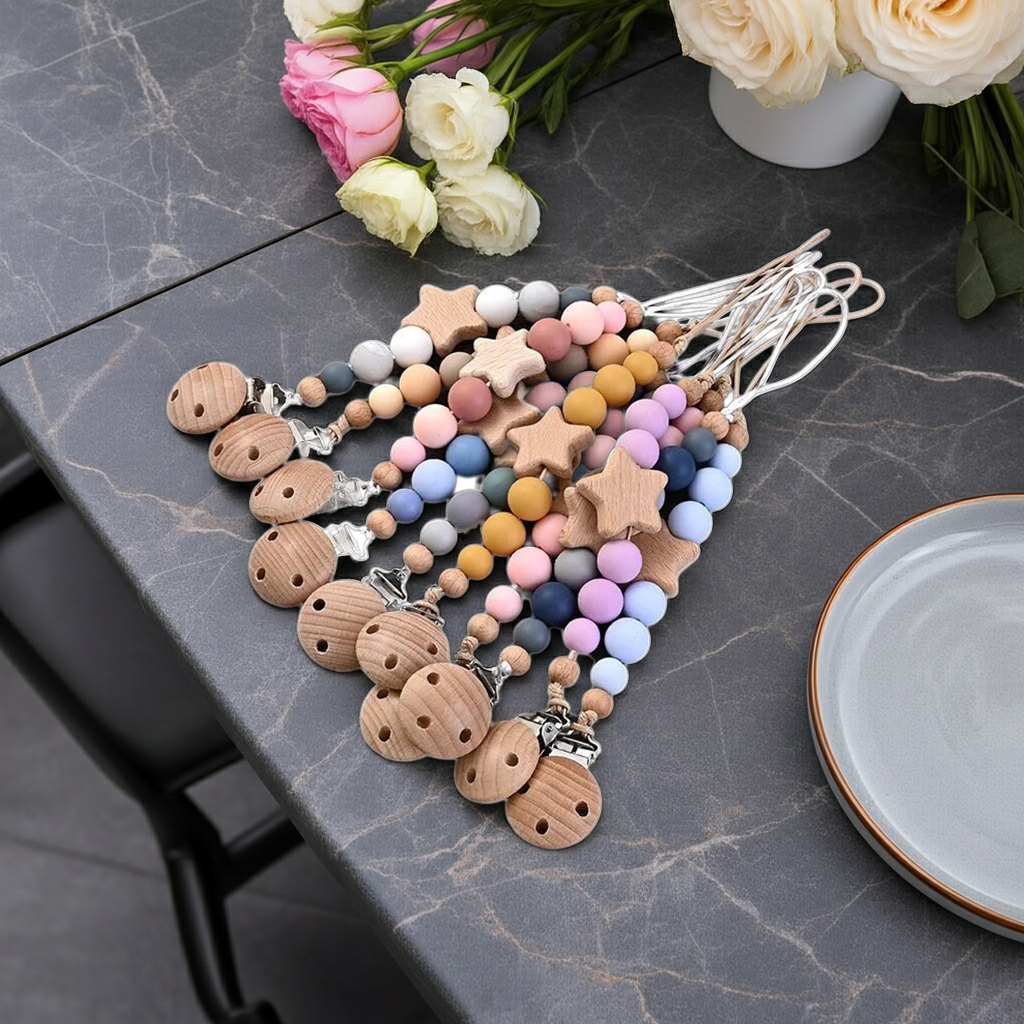 Baby Pacifier Clip Chain - Wooden Beads Dummy Holder - MamaNest