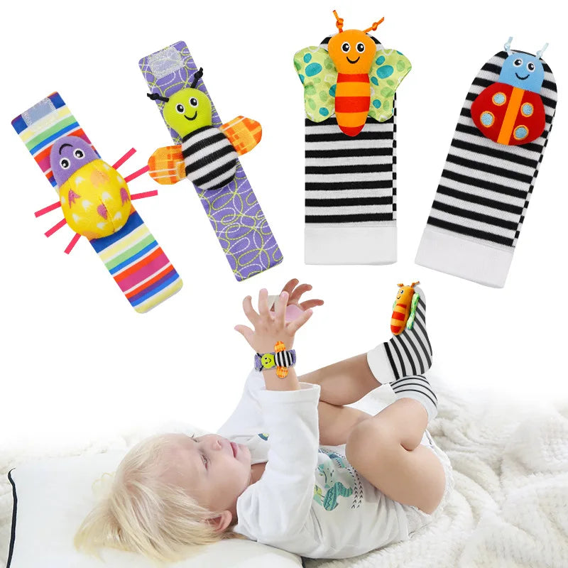 Baby Rattle Socks & Wrist Strap Set 4-Pack - Animal Plush Toys (0-12M) - MamaNest