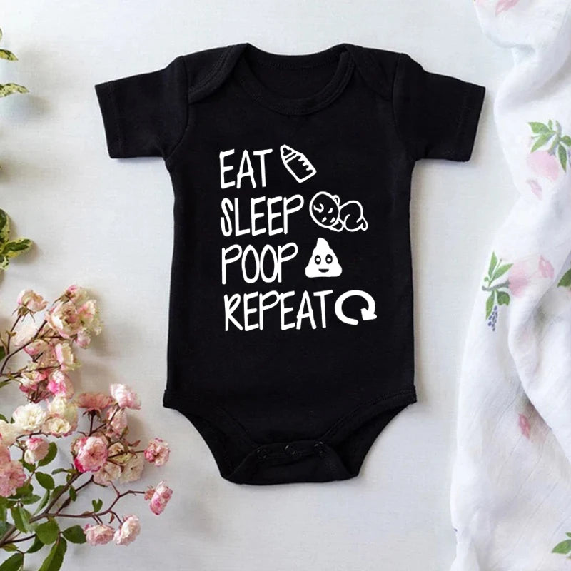 Funny Baby Romper - 'Eat Sleep Poop Repeat' Letter Print Bodysuit 0-24M - MamaNest