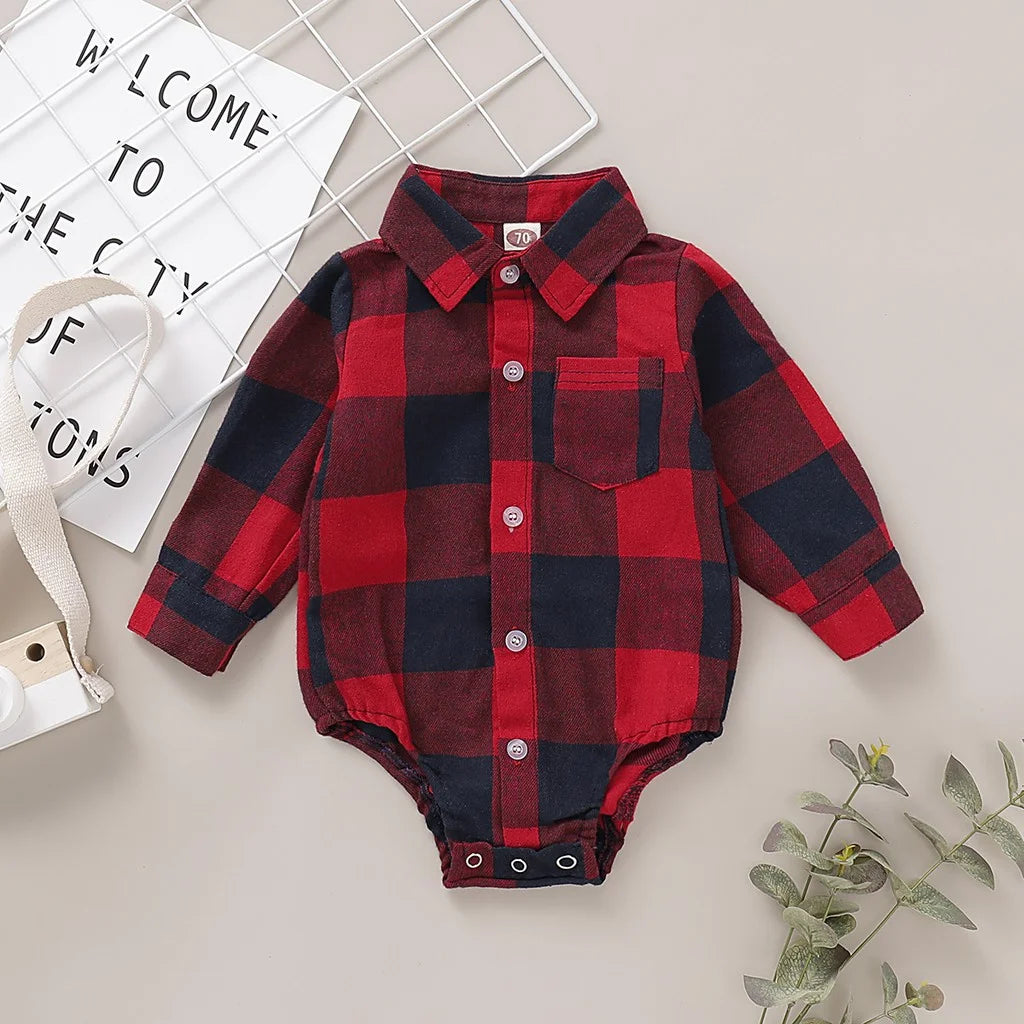 Baby Boy Gentleman Romper - Plaid Long Sleeve Lapel Bodysuit 0-18M - MamaNest