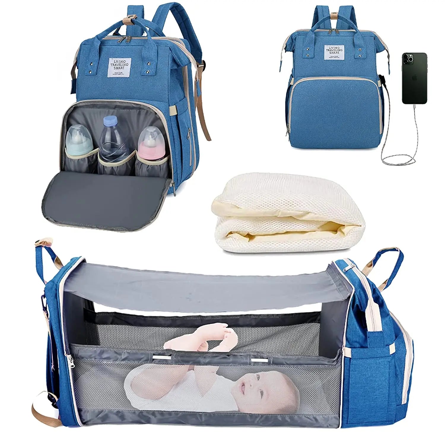 3-in-1 Diaper Bag Backpack with Foldable Baby Bed & USB Charging - MamaNest
