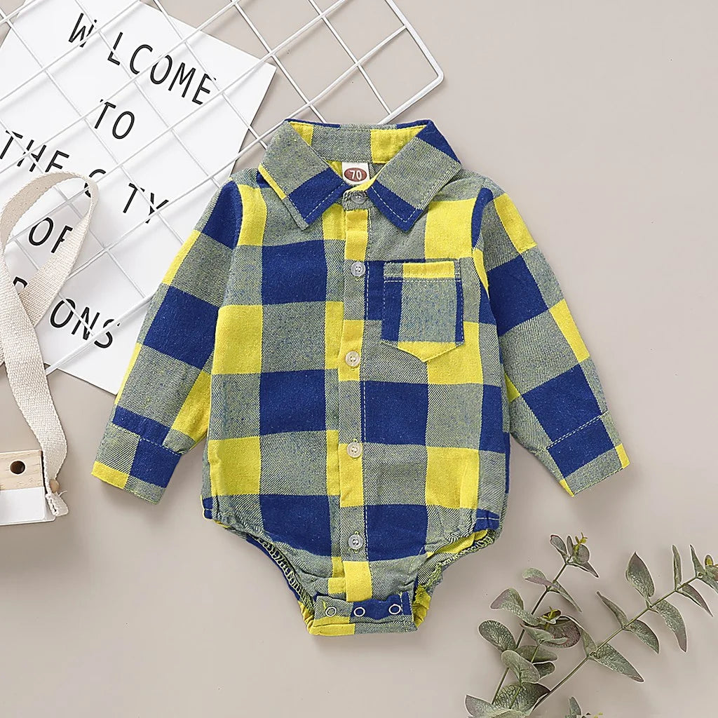 Baby Boy Gentleman Romper - Plaid Long Sleeve Lapel Bodysuit 0-18M - MamaNest