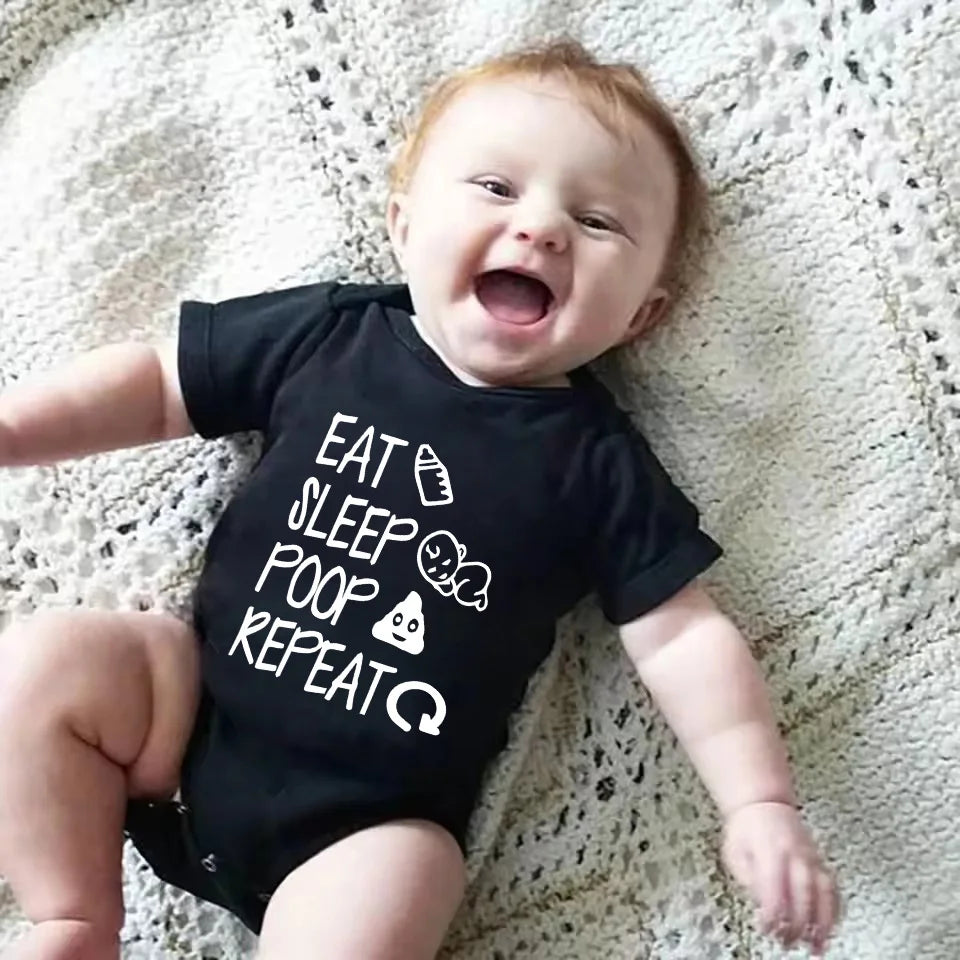 Funny Baby Romper - 'Eat Sleep Poop Repeat' Letter Print Bodysuit 0-24M - MamaNest