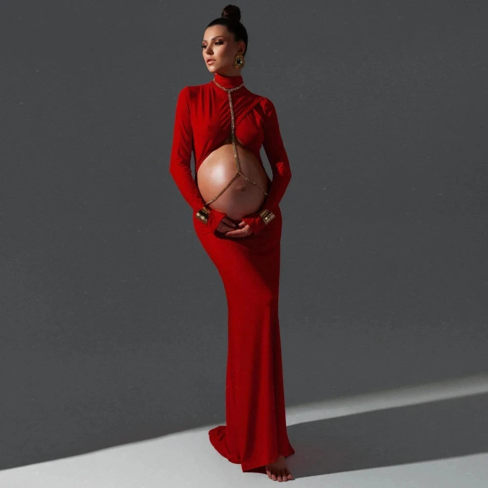 Maternity Gown with Train - High Neck Stretchy Baby Shower Dress - MamaNest