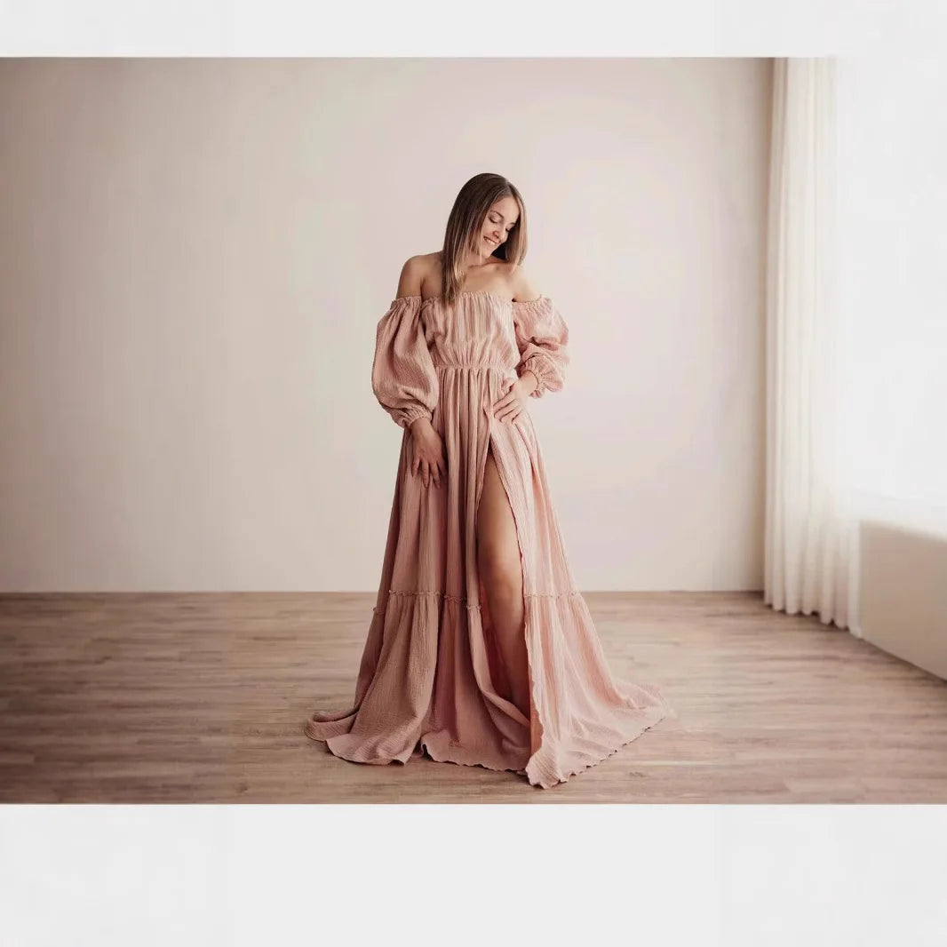 Maternity Photoshoot Dress - Off-Shoulder Gown with Puff Sleeves & Slit - MamaNest