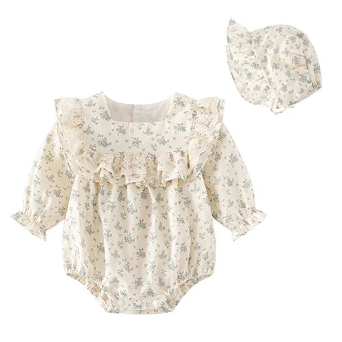Baby Girl Romper Set - Korean Style Cotton Print with Hat 0-24M - MamaNest