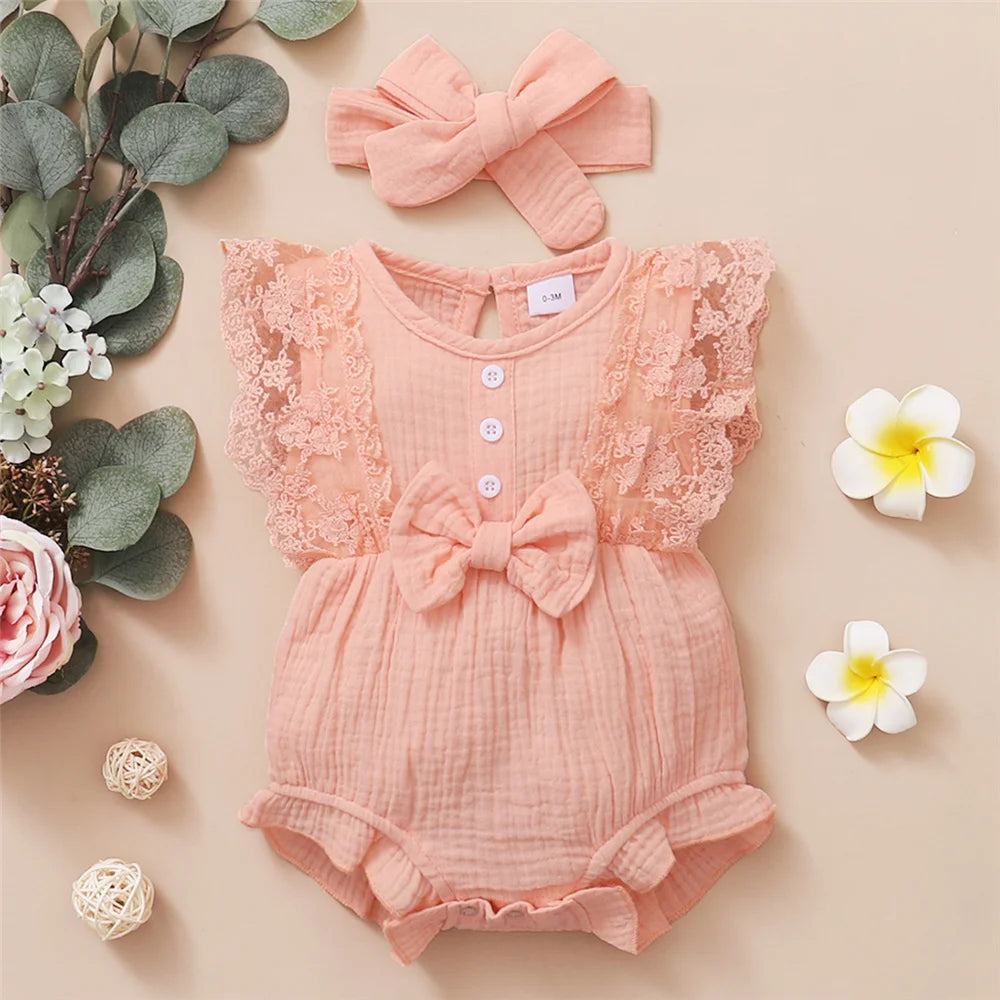 Baby Girl Lace Romper with Headband - Summer Sleeveless Jumpsuit Set - MamaNest
