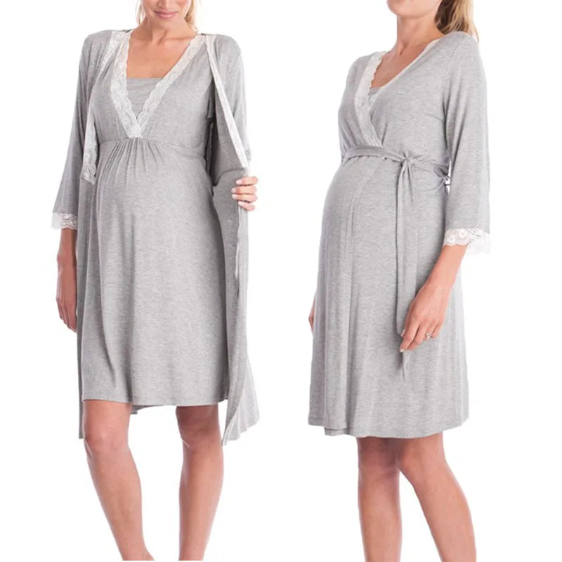 Maternity Nursing Nightgown Set - Lace Robe with Adjustable Belt - MamaNest