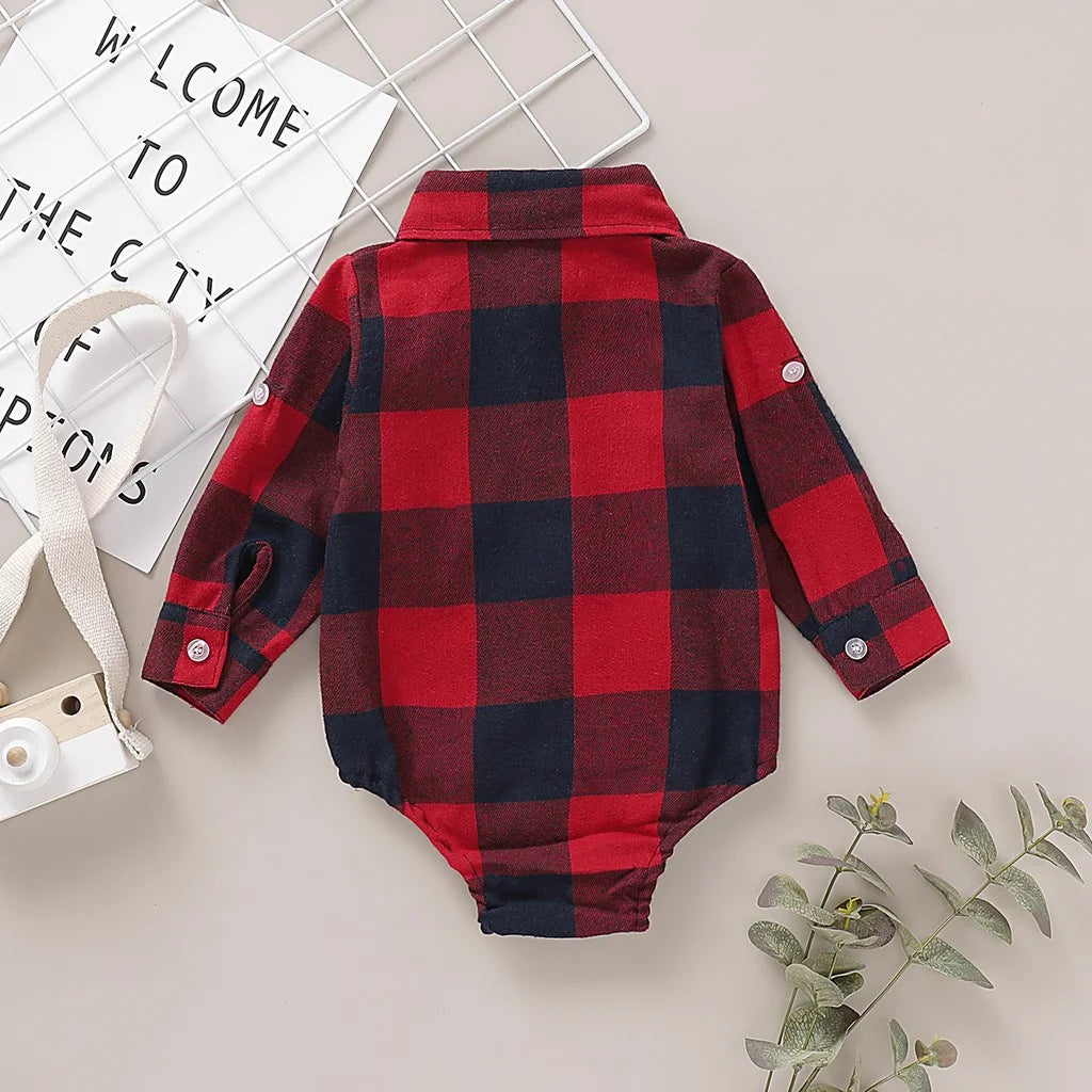 Baby Boy Gentleman Romper - Plaid Long Sleeve Lapel Bodysuit 0-18M - MamaNest