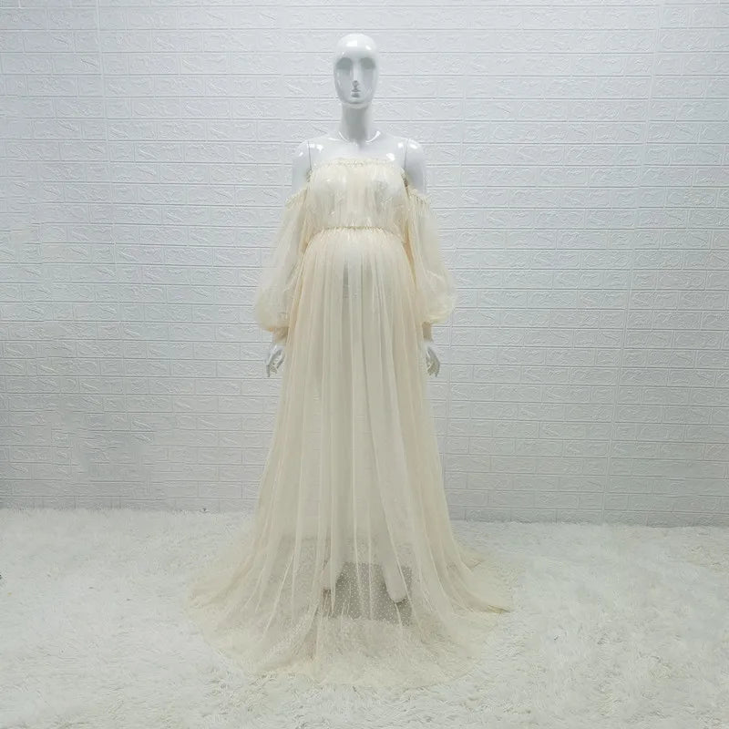 Dot Tulle Maternity Dress - Sheer Lantern Sleeve Photoshoot Gown - MamaNest