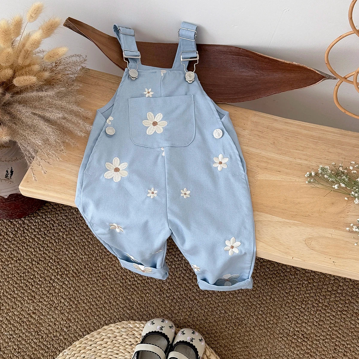 Baby Suspender Romper - Flower Embroidery Overalls with Pockets - MamaNest