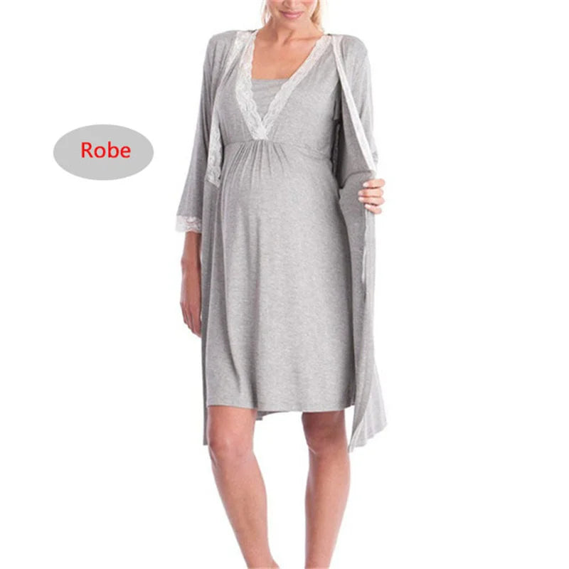 Maternity Nursing Nightgown Set - Lace Robe with Adjustable Belt - MamaNest
