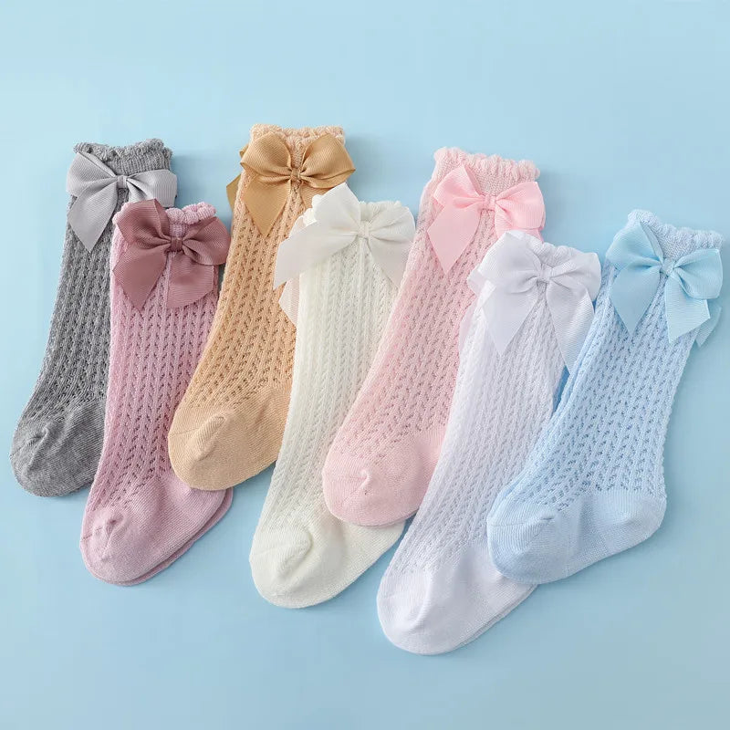 Toddler Knee-High Socks with Bow - Cotton Mesh (0-2 Years) - MamaNest
