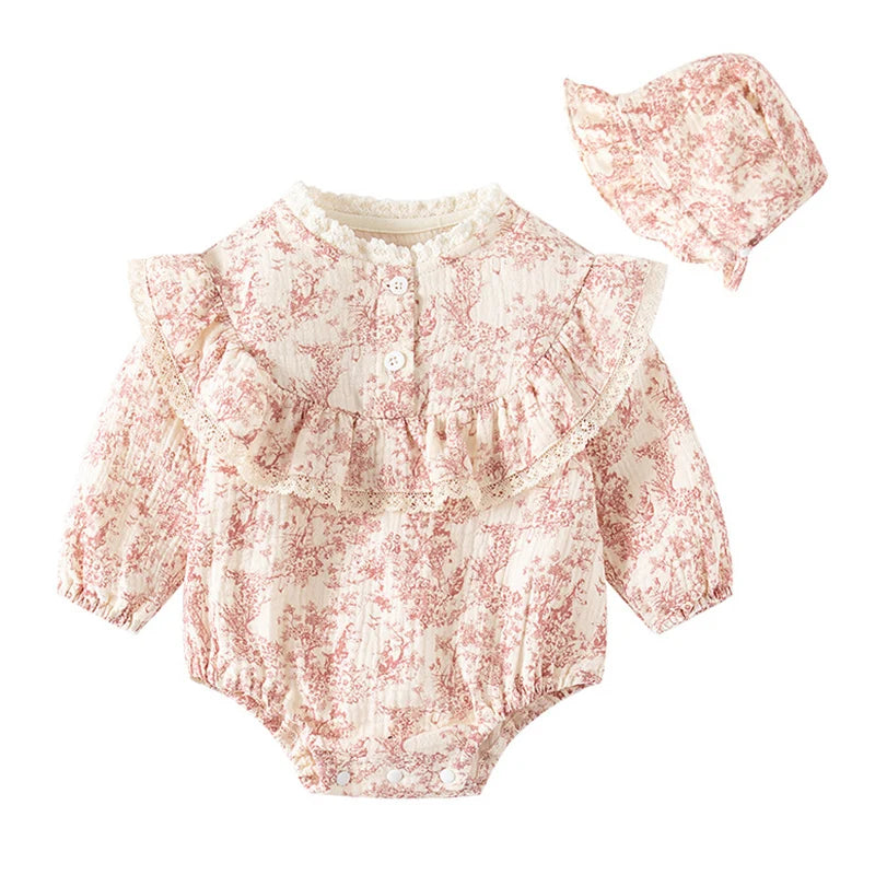 Baby Girl Romper Set - Korean Style Cotton Print with Hat 0-24M - MamaNest