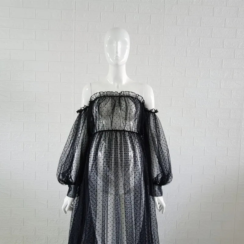 Dot Tulle Maternity Dress - Sheer Lantern Sleeve Photoshoot Gown - MamaNest