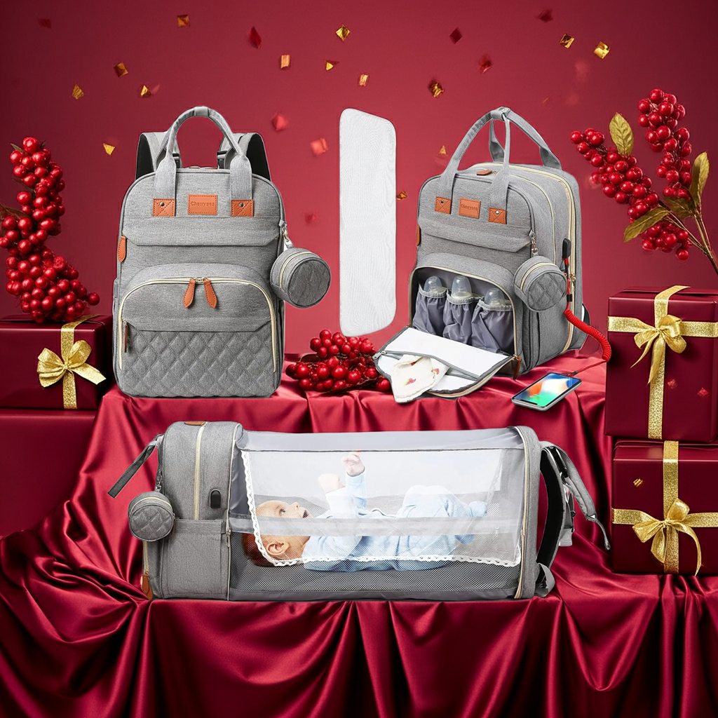 3-in-1 Diaper Bag Backpack with Foldable Baby Bed & USB Charging - MamaNest